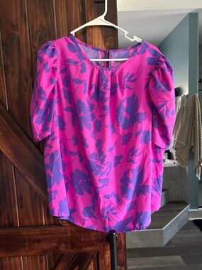 SHEIN Hot Pink Floral Puff-Sleeve Blouse with Purple Print